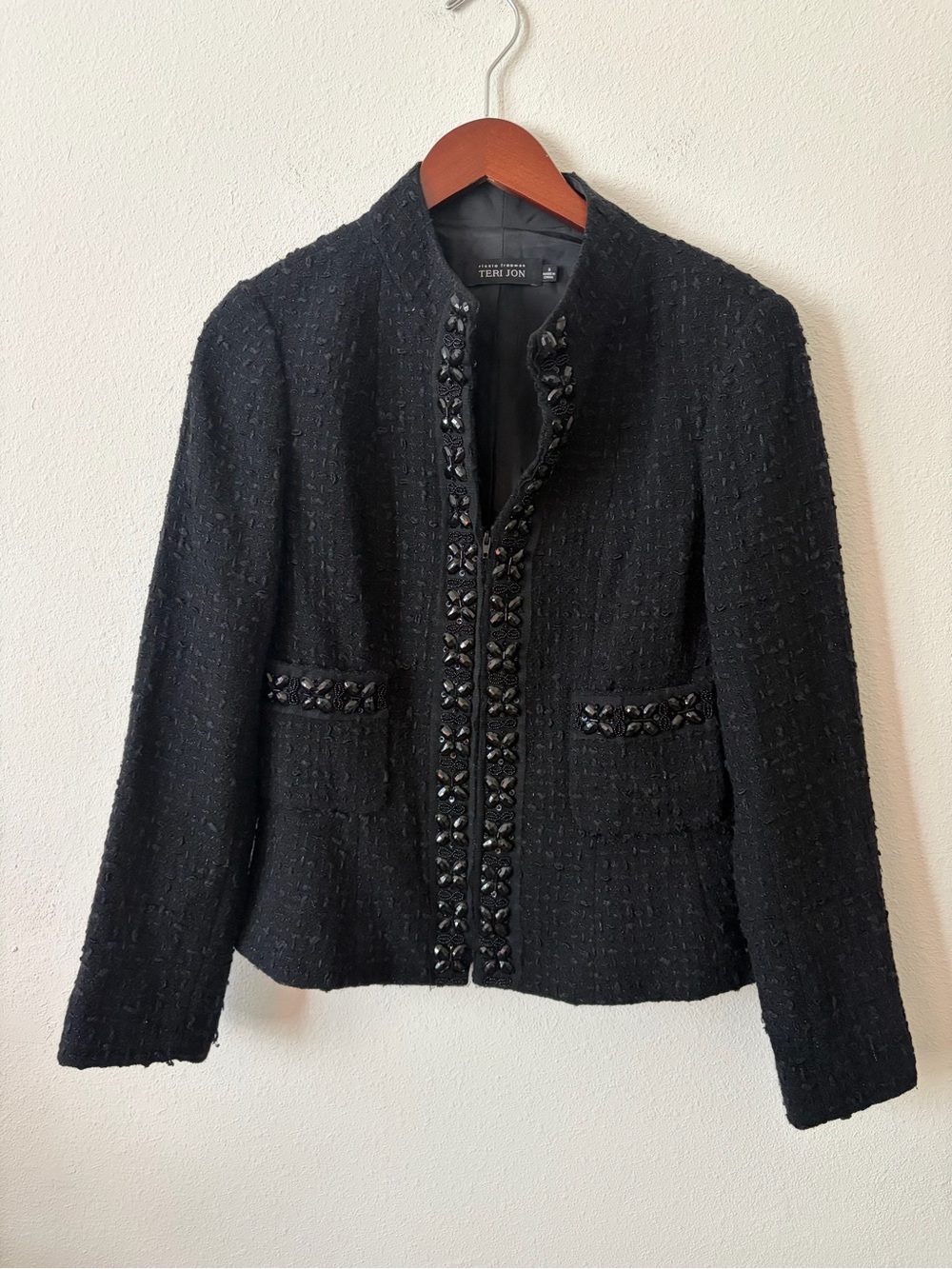 Rickie Freeman Teri Jon Black Tweed Jacket Jeweled Beaded Trim Evening Blazer 8